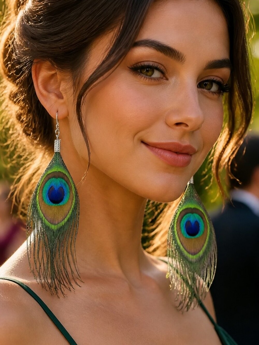 Peacock Eye Feather Earrings Long Dangle Boho Festival Statement Artsy Jewelry